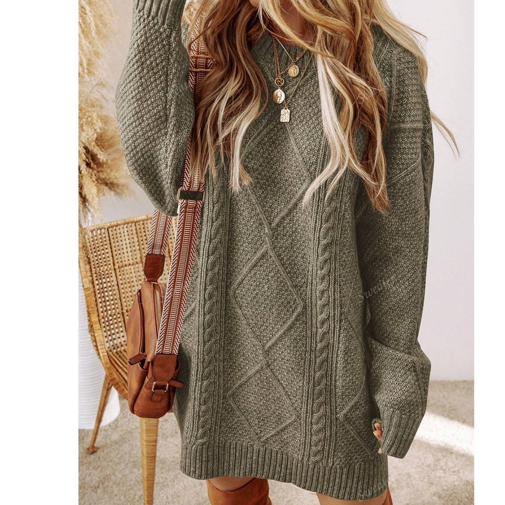 Cozy Solid Cable Knit Oversized Sweater Dress
